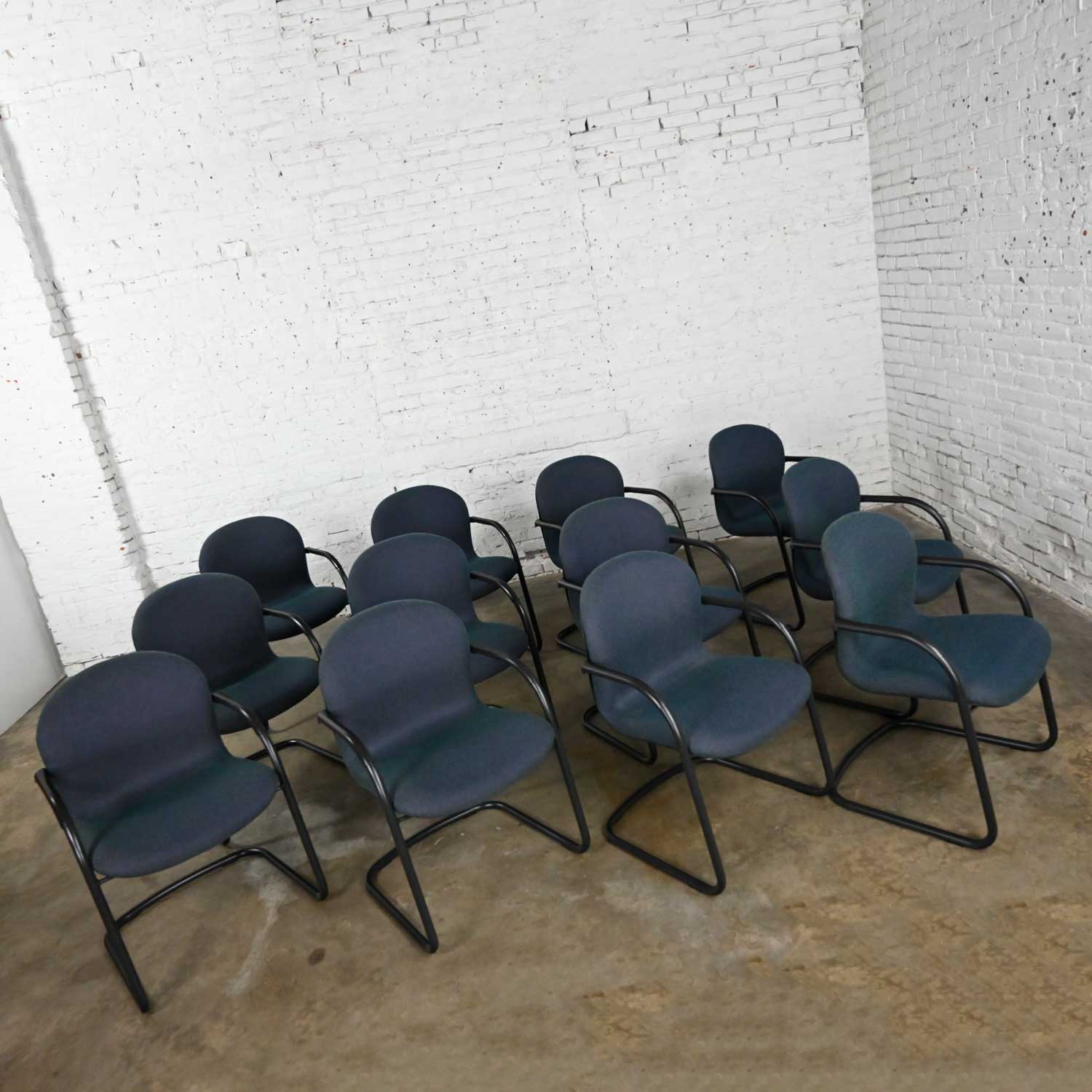 Vintage Modern Bulldog Armed Side Chairs by McCoy & Fahnstrom for Knoll Black Cantilever Base Blue Fabric Set of 12