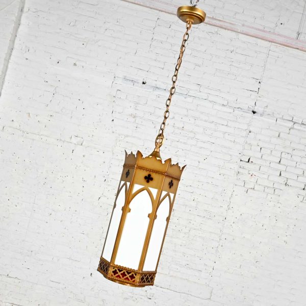 7 Vintage Gothic Ecclesiastical Gold Painted Metal & White Hanging Light Fixtures Selling Separately