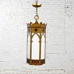 7 Vintage Gothic Ecclesiastical Gold Painted Metal & White Hanging Light Fixtures Selling Separately