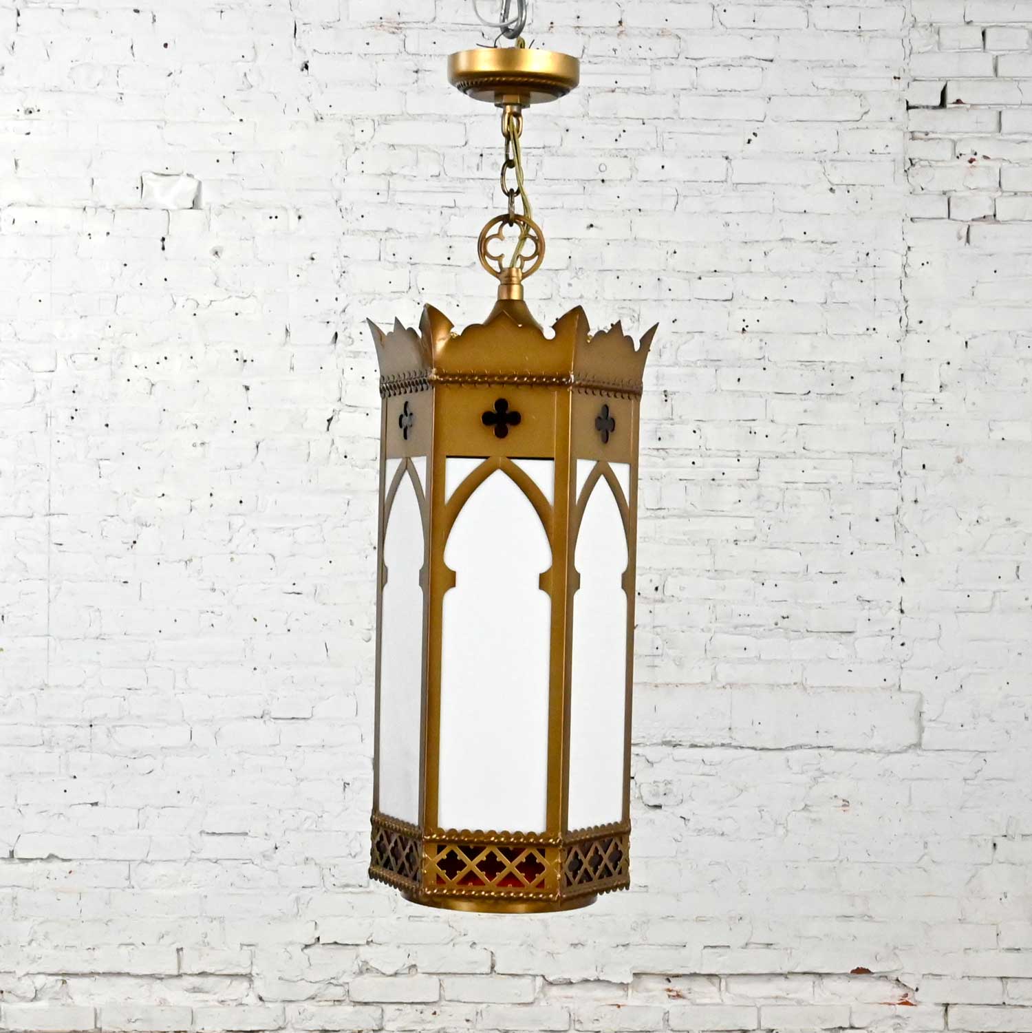 7 Vintage Gothic Ecclesiastical Gold Painted Metal & White Hanging Light Fixtures Selling Separately