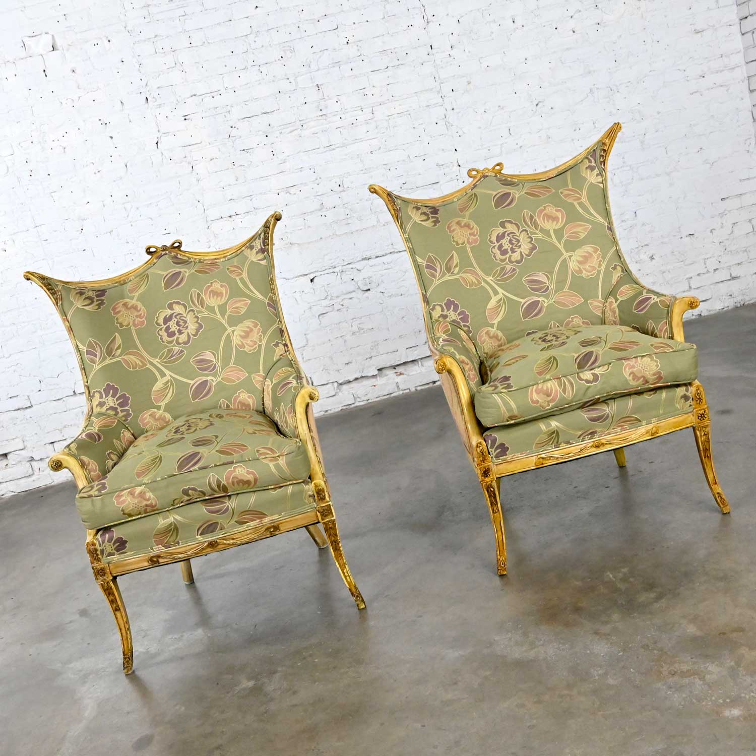 Vintage French Style Pair of Distressed Painted Armchairs Neoclassical Hollywood Regency Flair