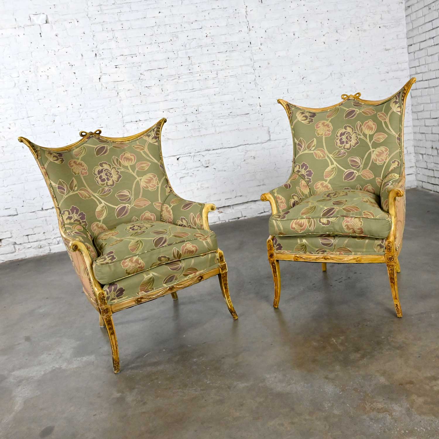 Vintage French Style Pair of Distressed Painted Armchairs Neoclassical Hollywood Regency Flair