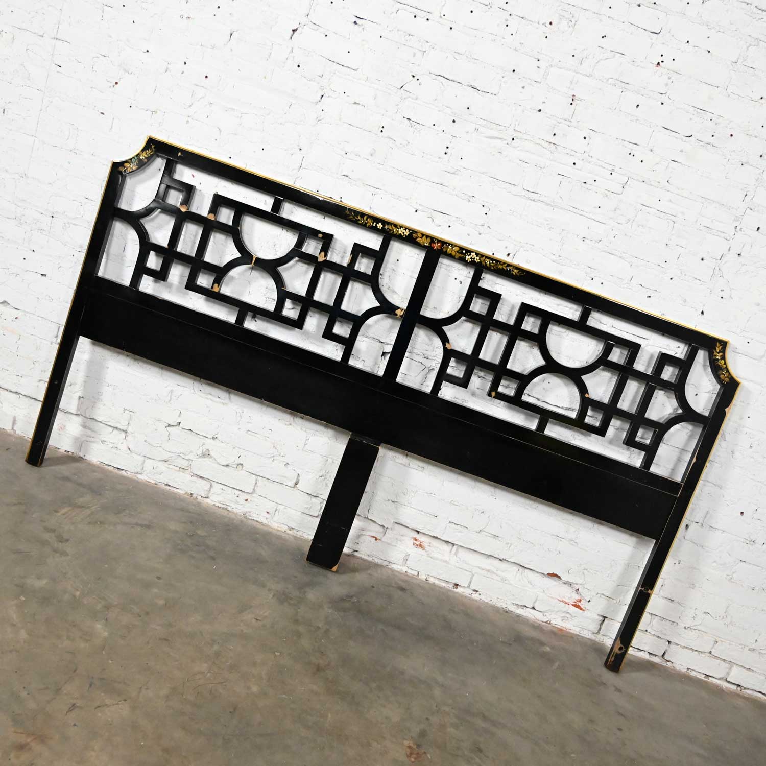 Vintage Union National Chinoiserie Fretwork Style King Headboard Black with Floral Design & Distressed Finish