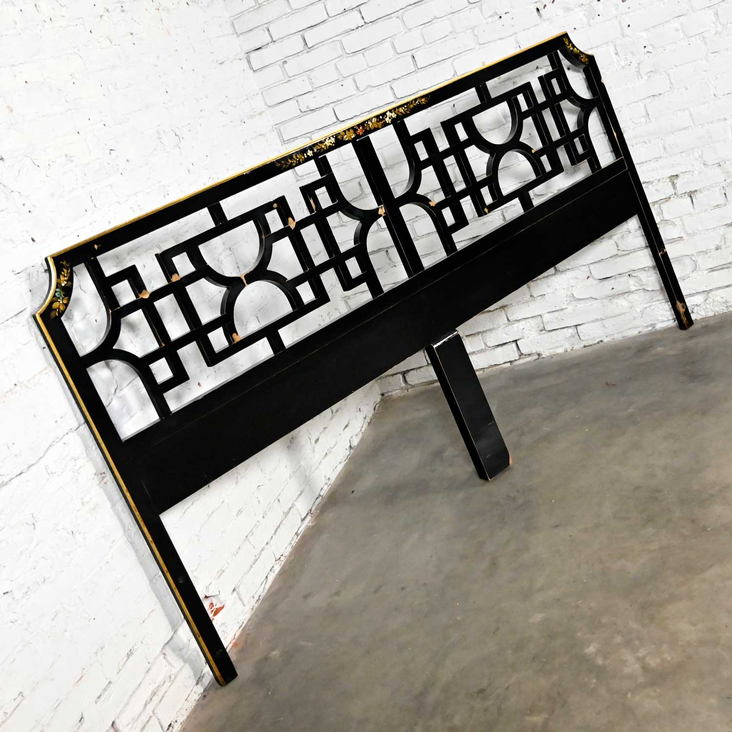 Vintage Union National Chinoiserie Fretwork Style King Headboard Black with Floral Design & Distressed Finish