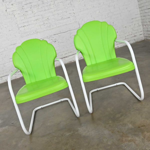 Vintage Mid Century Modern Green & White Metal Outdoor Cantilever Springer Chairs