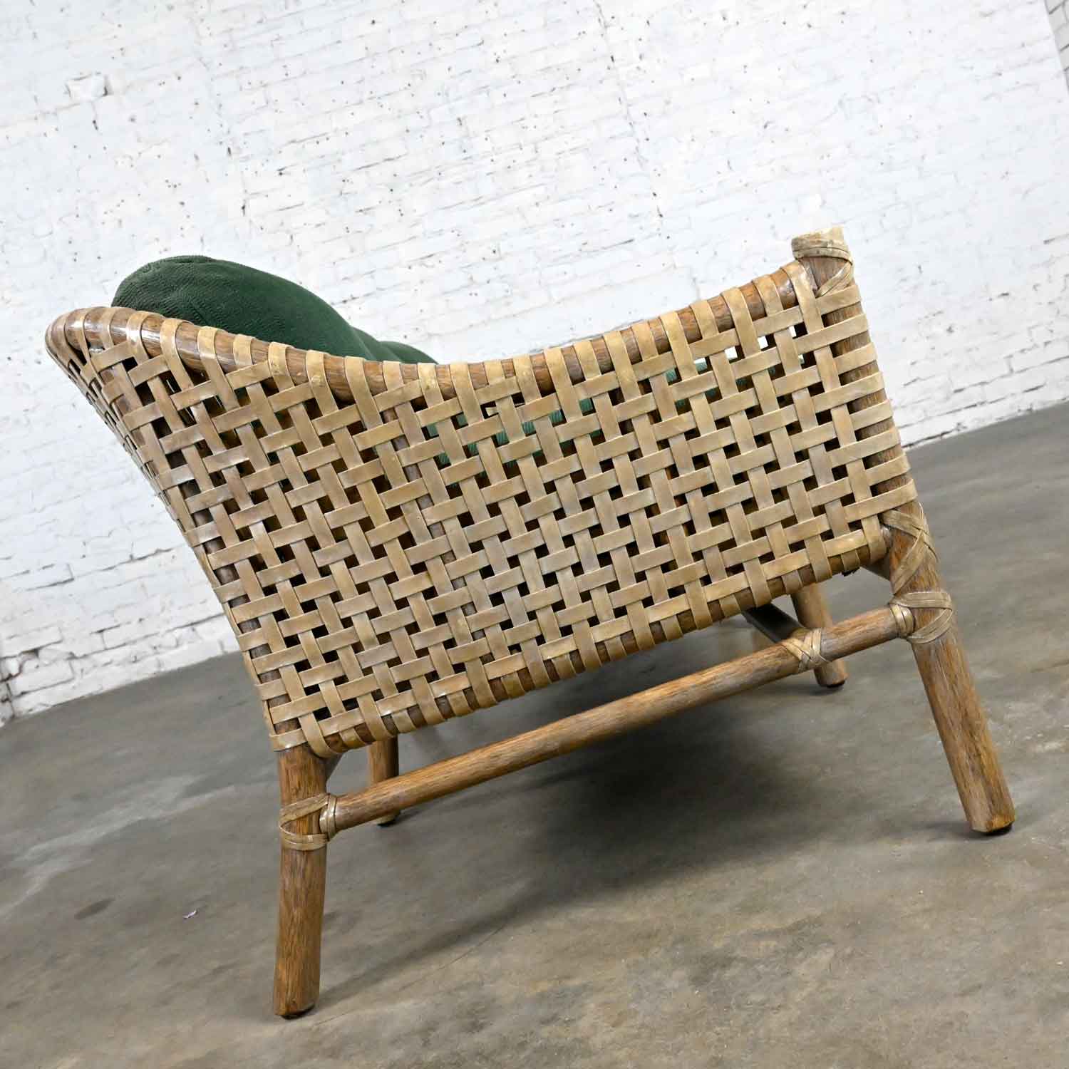 Vintage Organic Modern Rattan & Laced Rawhide Green Chenille Cushion Sofa Settee by McGuire