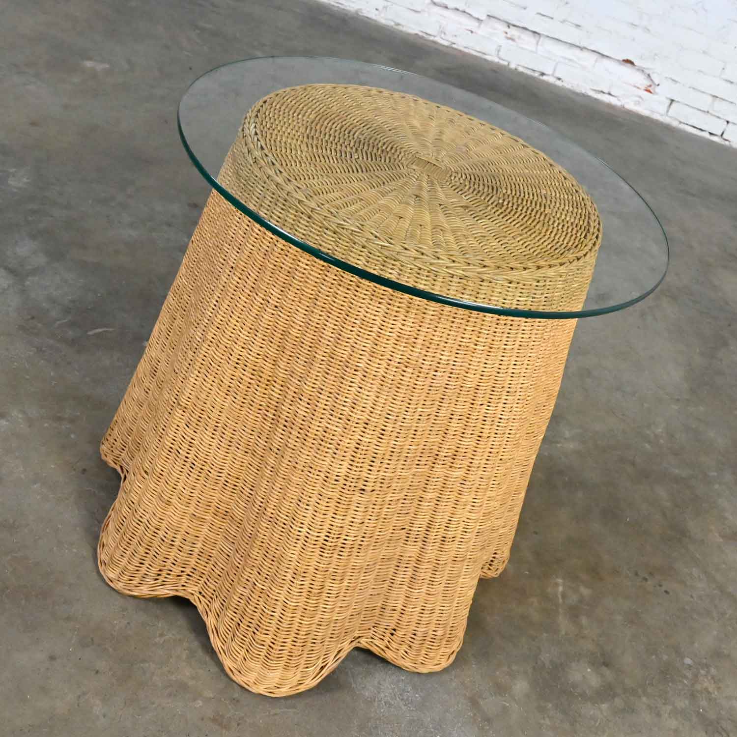 Vintage Trompe L’oeil Draped Wicker End or Side Table with Round Glass Top