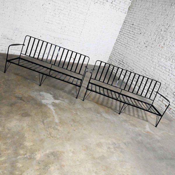 Vintage Mid-Century Modern Pair Painted Black Wrought Iron Outdoor Settees Frames Only