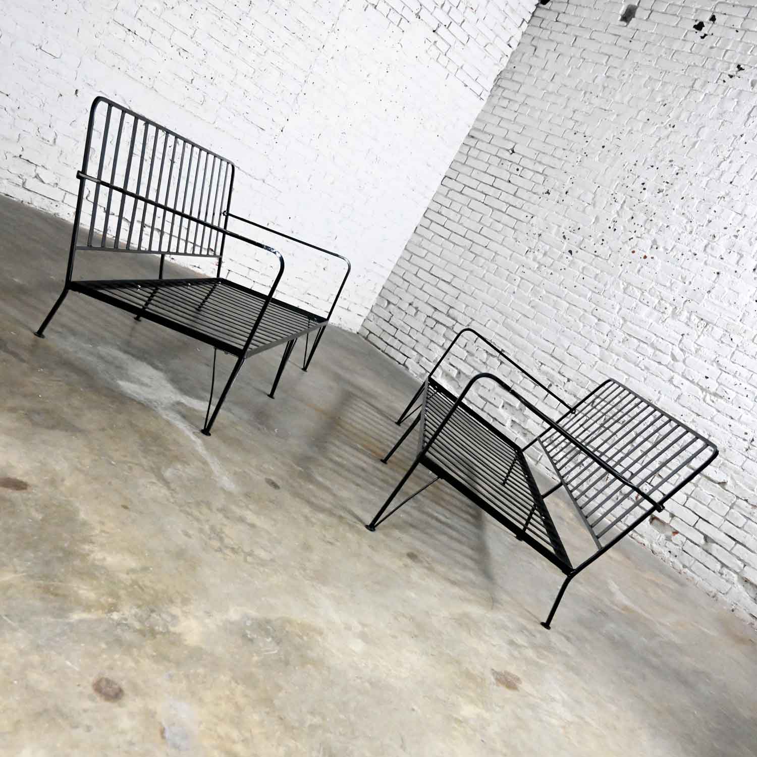 Vintage Mid-Century Modern Pair Painted Black Wrought Iron Outdoor Settees Frames Only