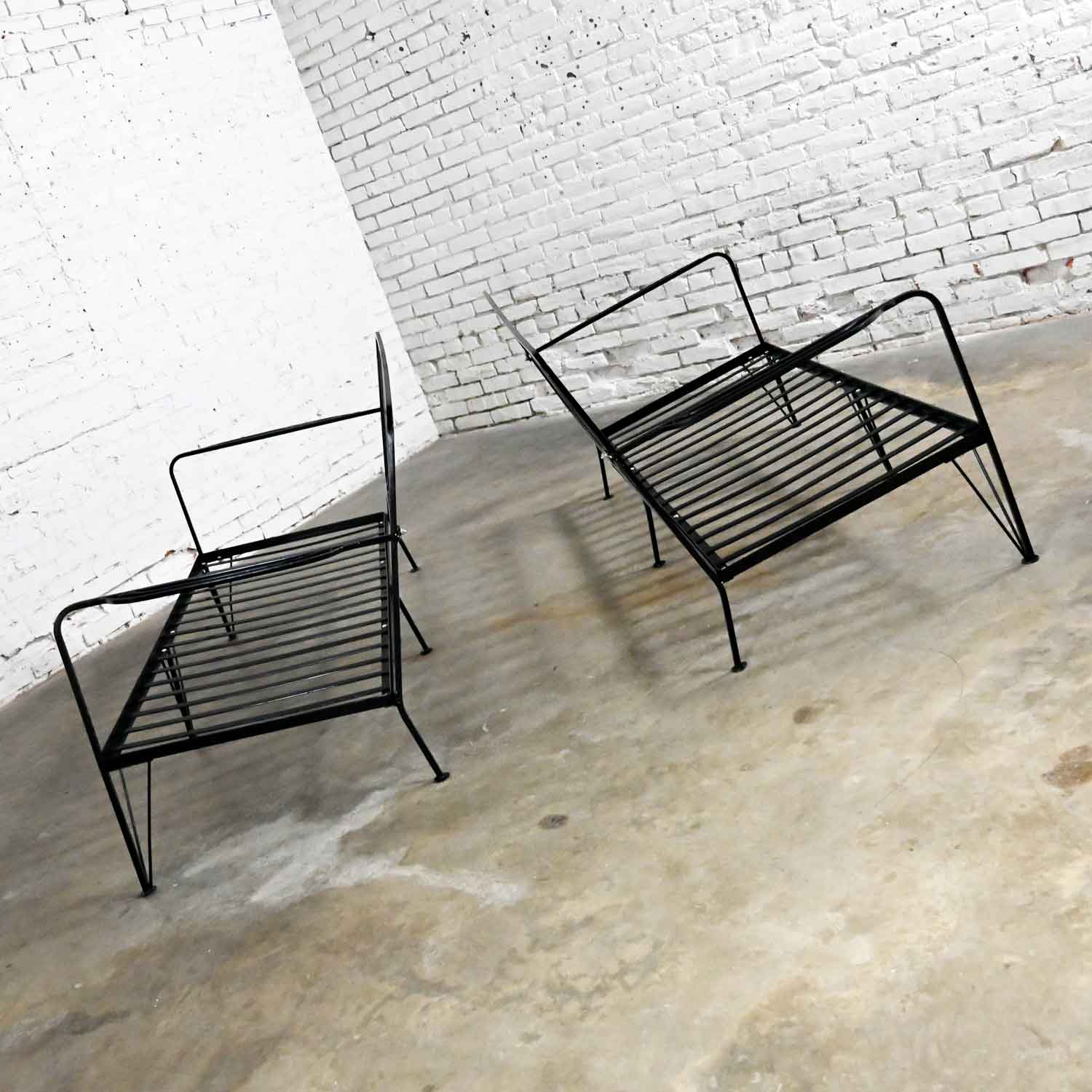 Vintage Mid-Century Modern Pair Painted Black Wrought Iron Outdoor Settees Frames Only