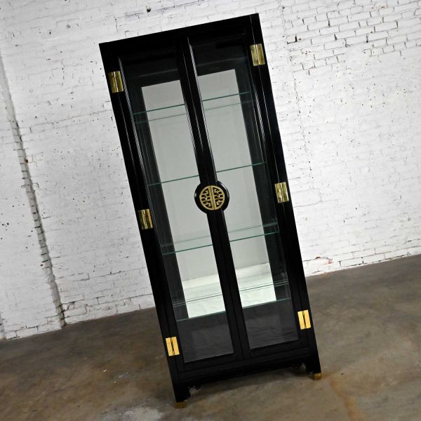 Vintage Chinoiserie Black Display Cabinet Vitrine with Mirrored Back & Brass Plated Details by American of Martinsville