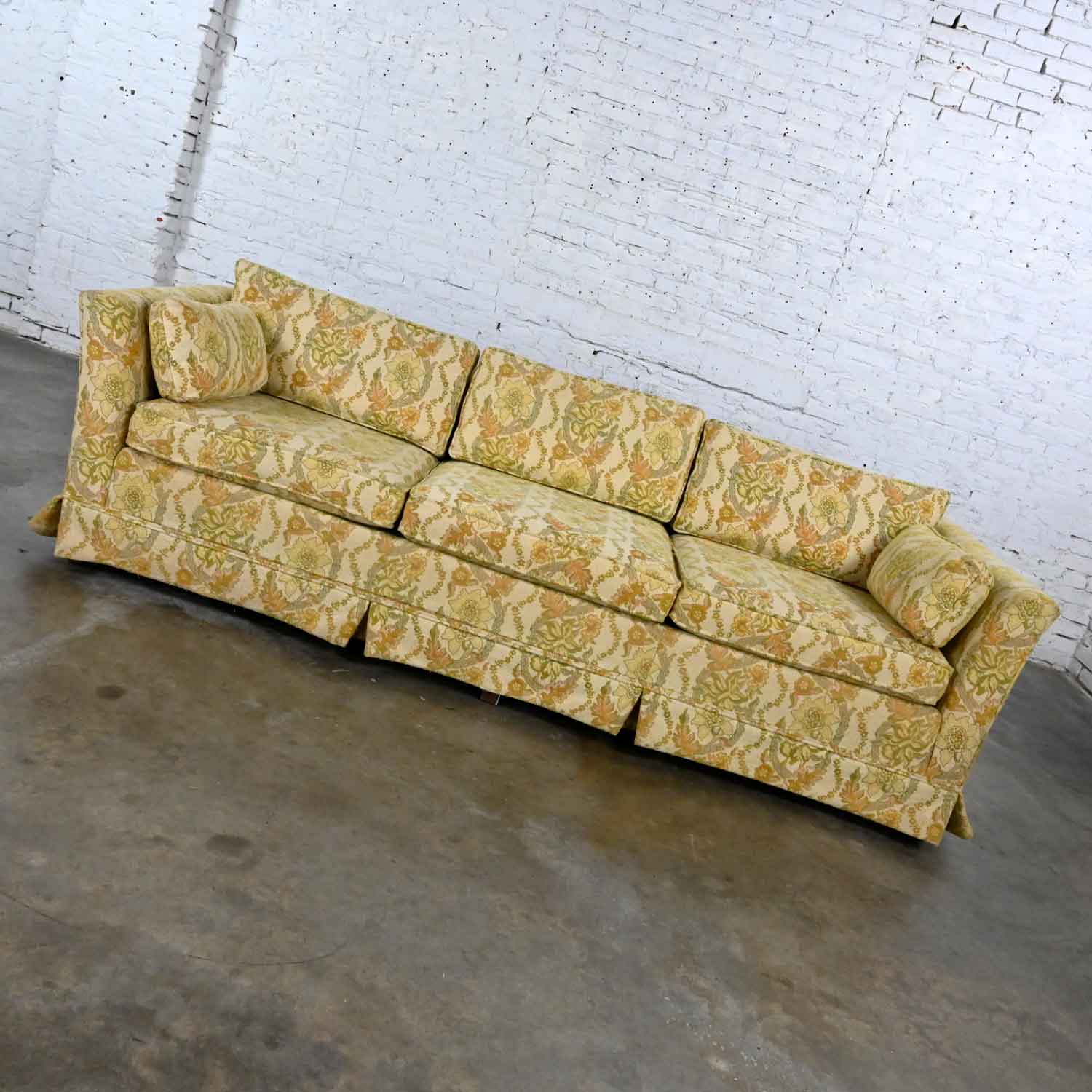 Vintage MCM Broyhill Furniture Flared Tuxedo Sofa Light Yellow Floral Fabric by Lenoir Chair Co