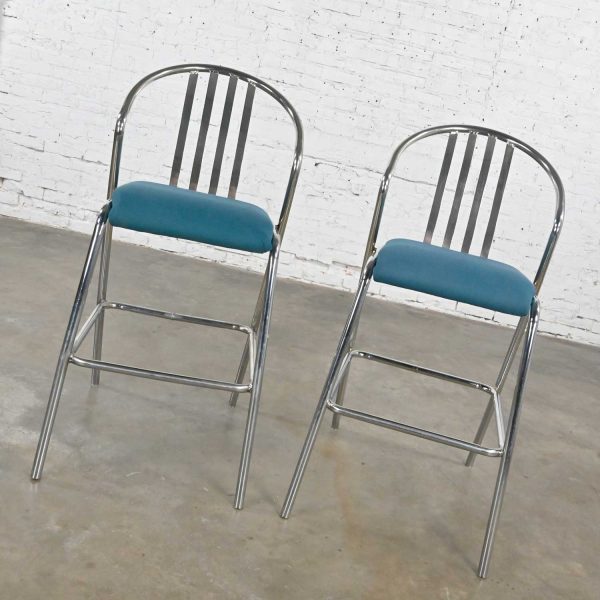 Modern Industrial Chrome & Blue Fabric Counter Height Barstools a Pair