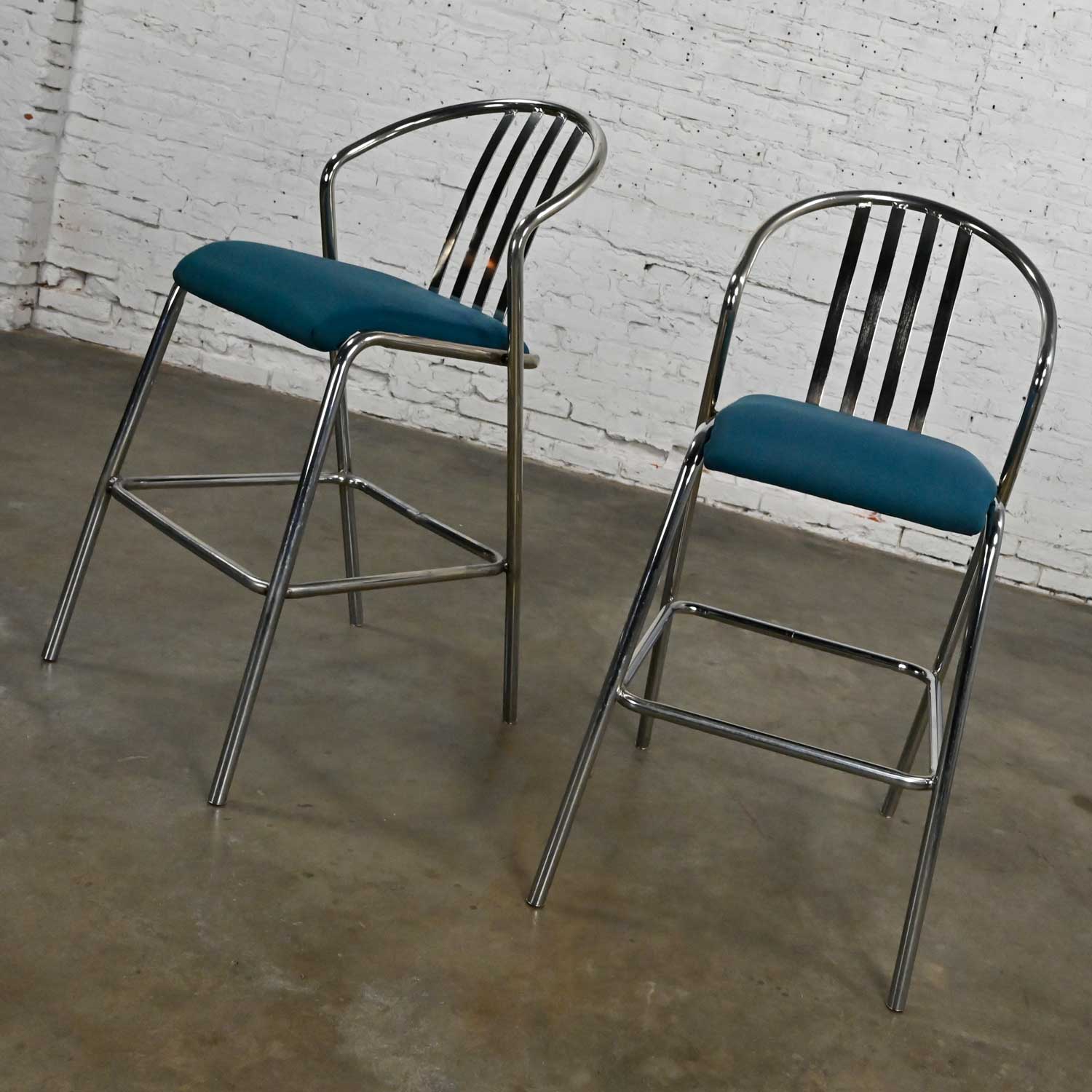 Modern Industrial Chrome & Blue Fabric Counter Height Barstools a Pair