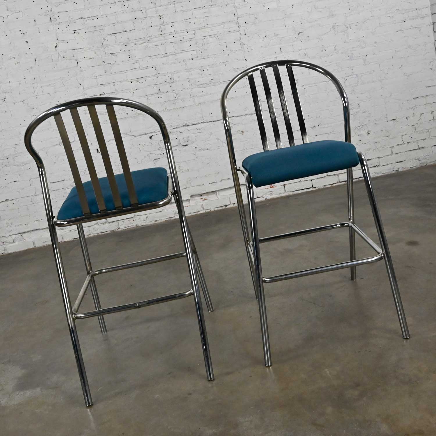 Modern Industrial Chrome & Blue Fabric Counter Height Barstools a Pair