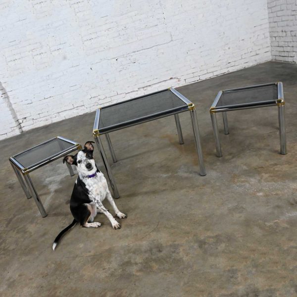 Mid-Century Modern Tubular Chrome Brass & Smoke Glass Trio of Cocktail Table & End Tables