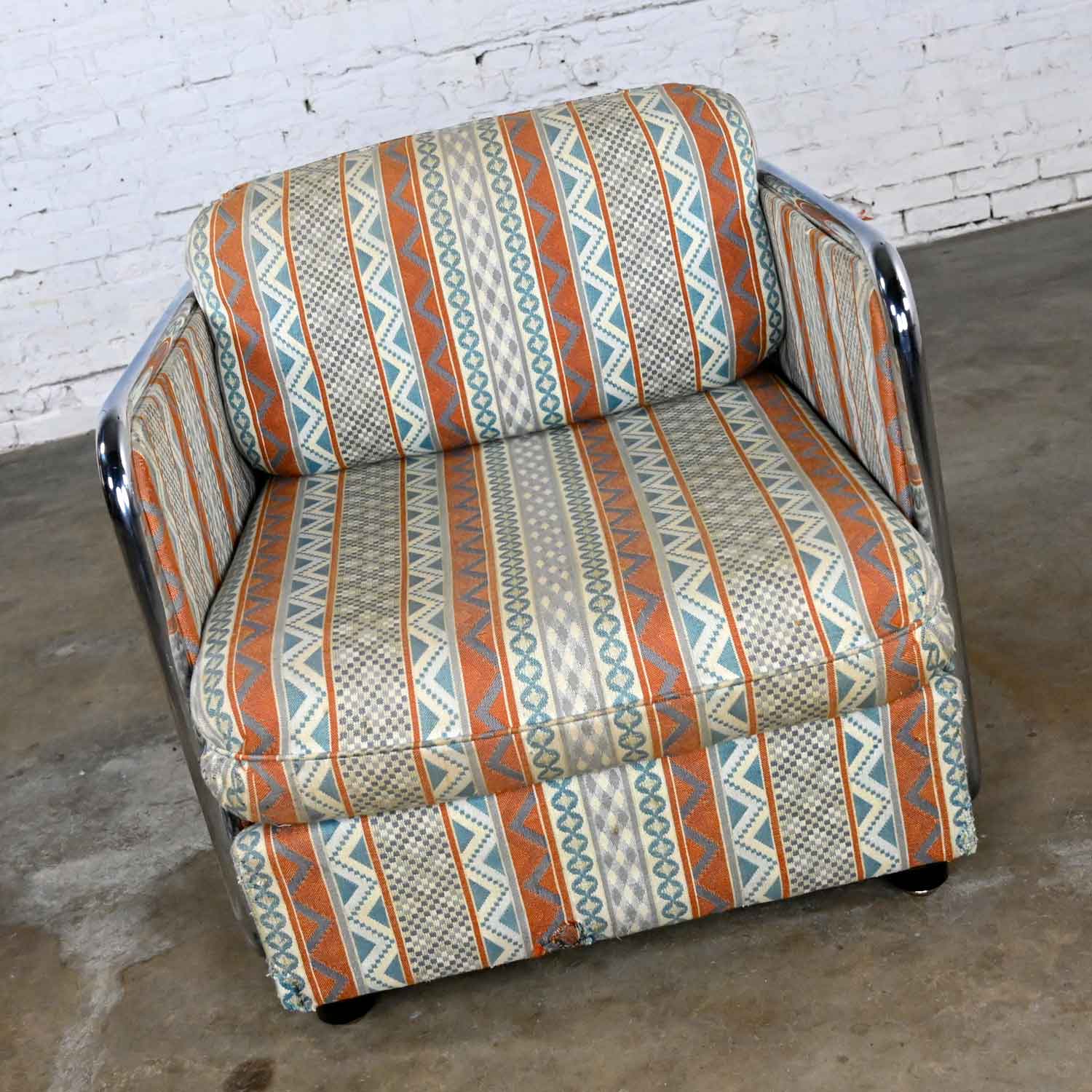 Vintage Milo Baughman Chrome & Cane Square Tub Chair Blue Rust Fabric Model #1438 by Thayer Coggin