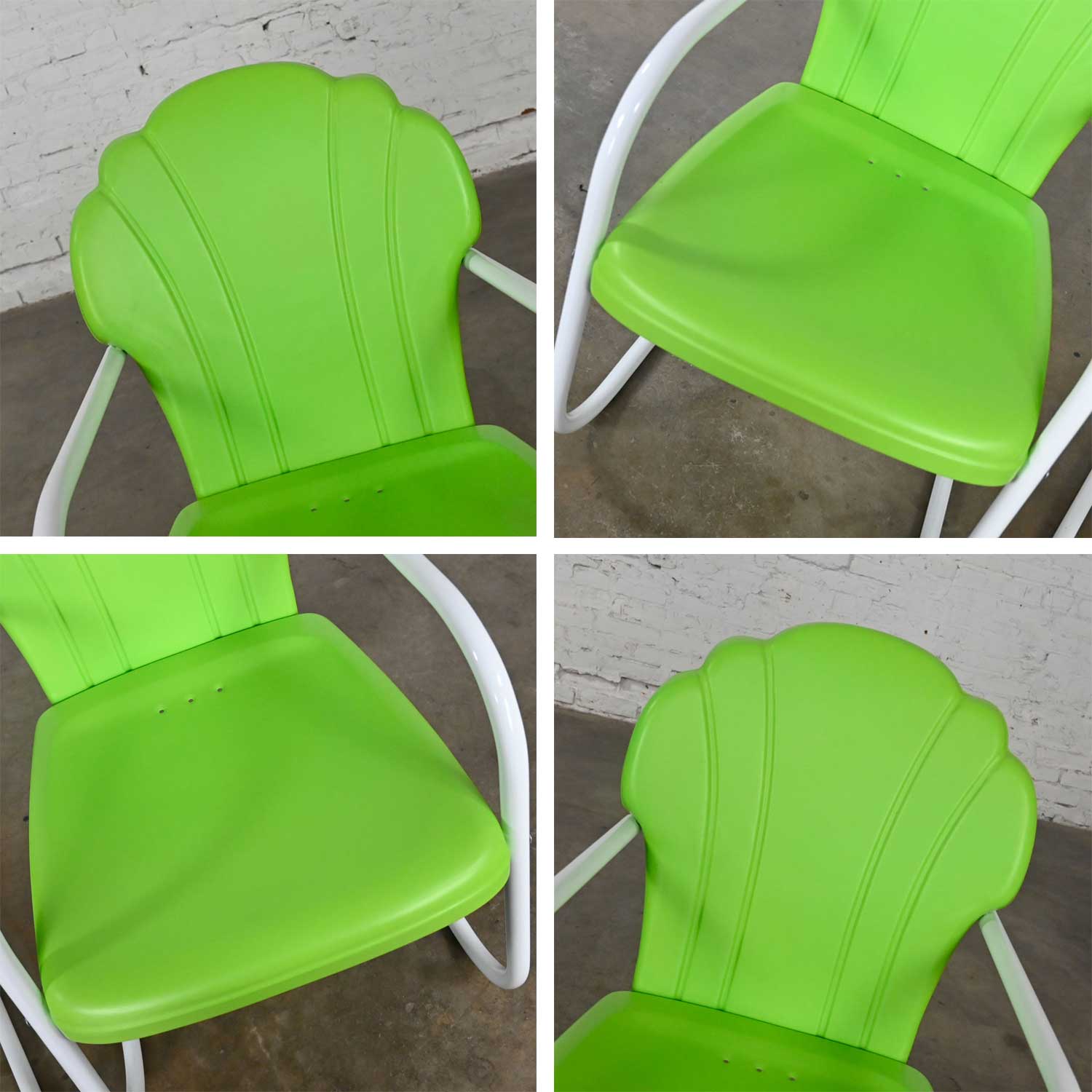 Vintage Mid Century Modern Green & White Metal Outdoor Cantilever Springer Chairs