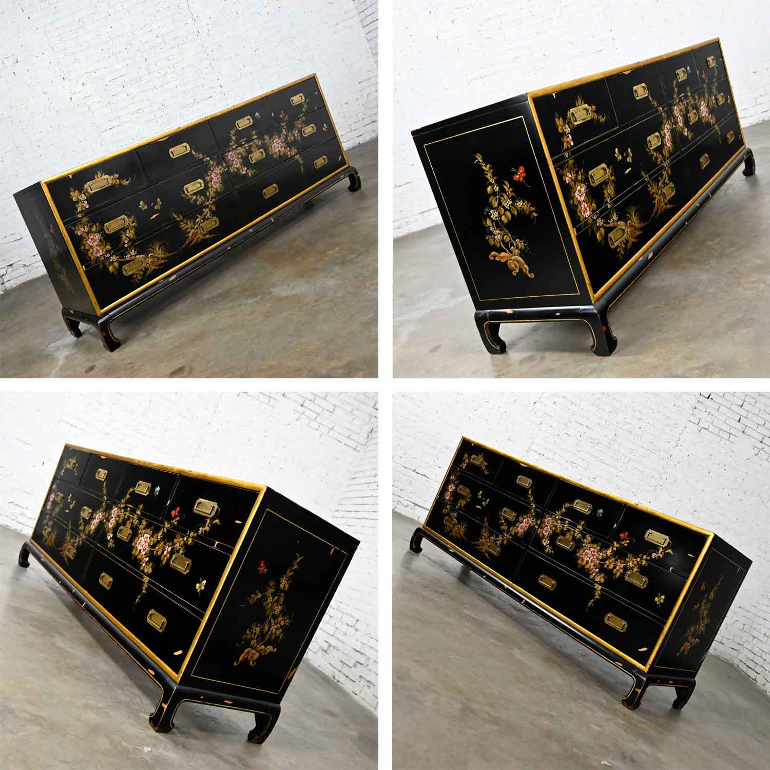Vintage Union National Chinoiserie Chow Leg Ming Style Dresser Black with Floral Design & Distressed Finish