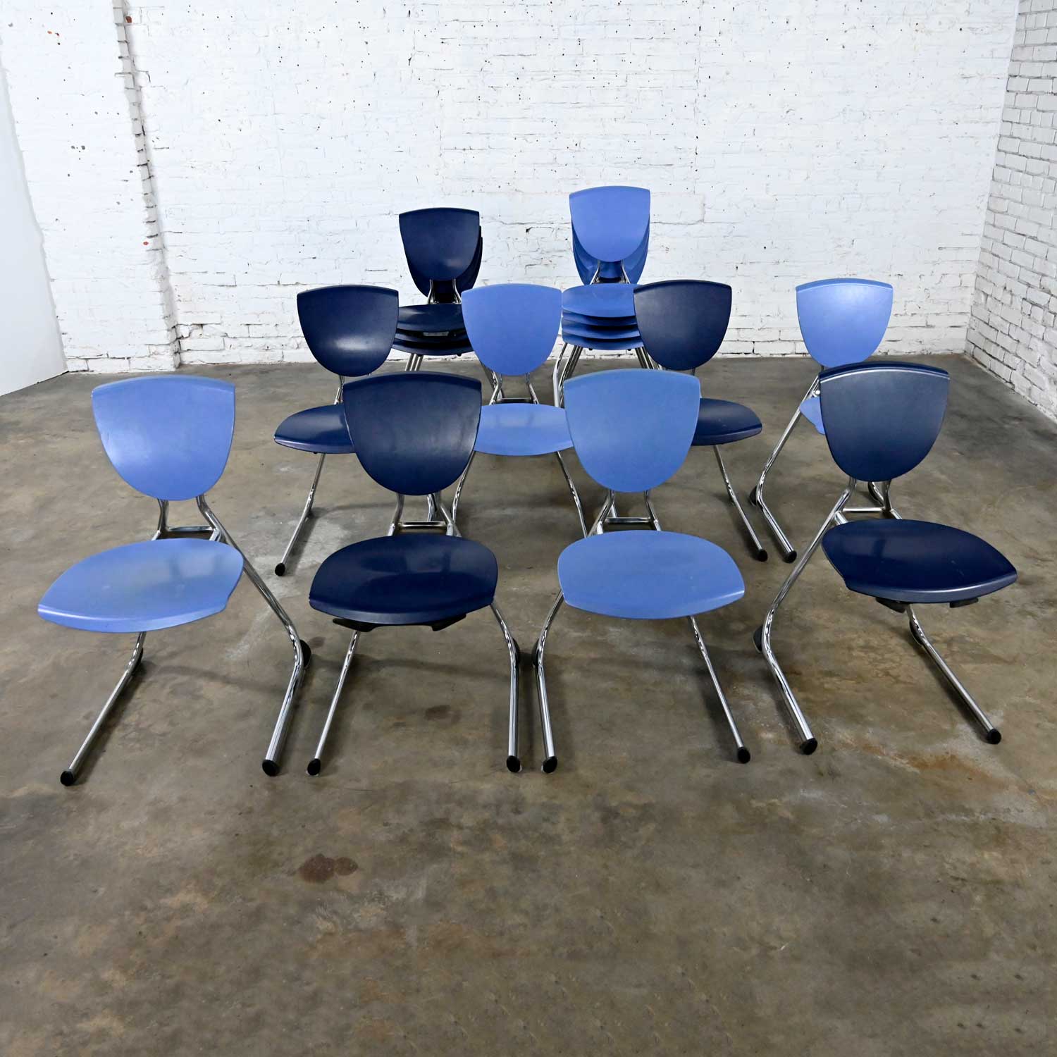 15 Vintage Modern Dark Blue Plastic & Chrome Reverse Cantilever Stacking Intellect Dining Chairs by KI Seating
