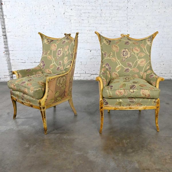 Vintage French Style Pair of Distressed Painted Armchairs Neoclassical Hollywood Regency Flair