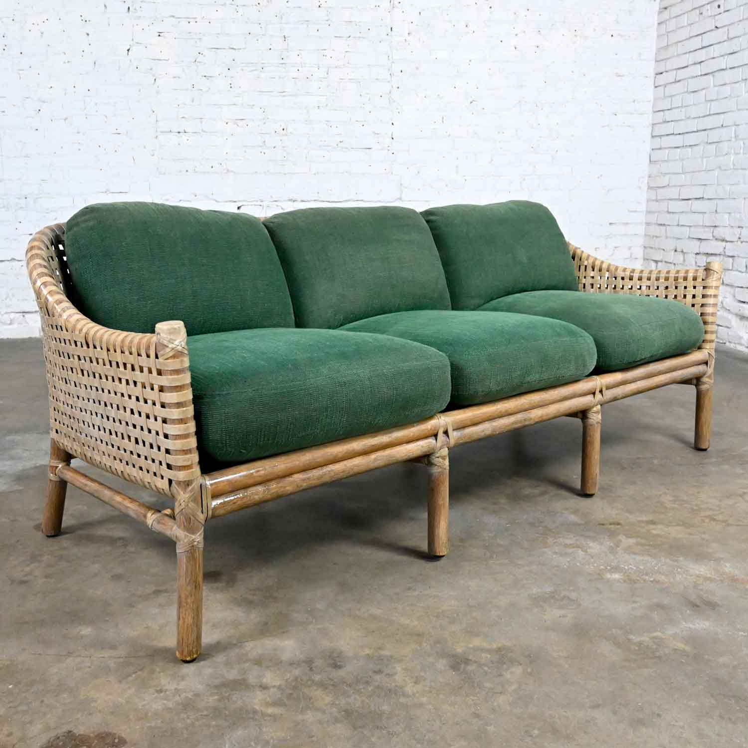 Vintage Organic Modern Rattan & Laced Rawhide Green Chenille Cushion Sofa Settee by McGuire