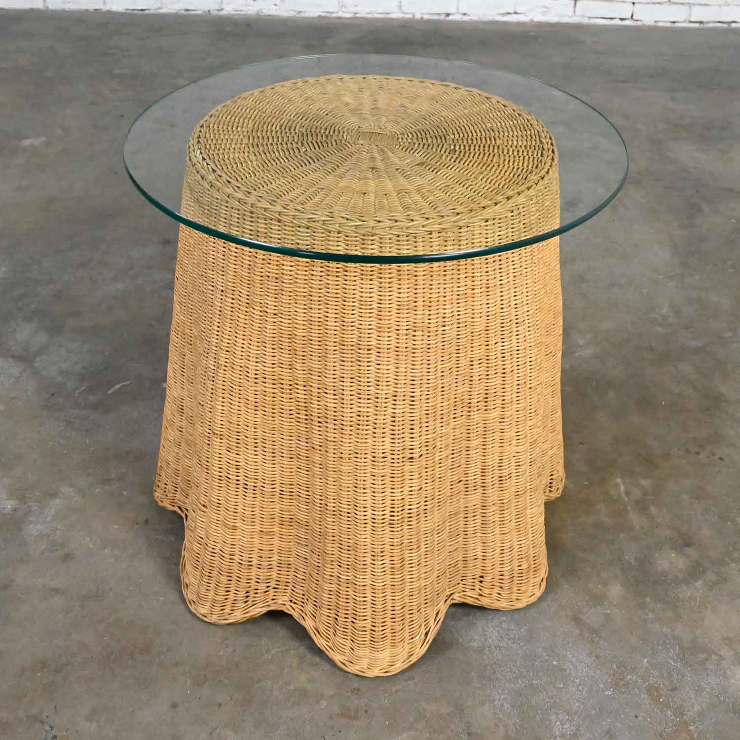 Vintage Trompe L’oeil Draped Wicker End or Side Table with Round Glass Top