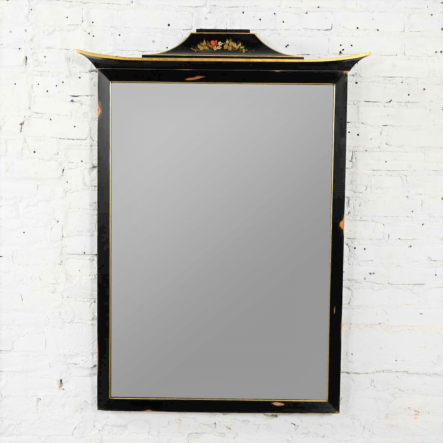 Vintage Union National Chinoiserie Mirror Black with Pagoda Top Floral Design & Distressed Finish