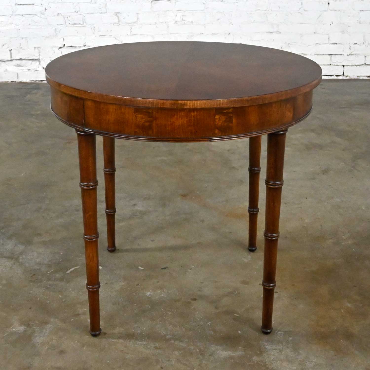 Vintage Campaign Style Round Walton Accent or Lamp Table Faux Bamboo Legs by Fine Arts Furniture Co