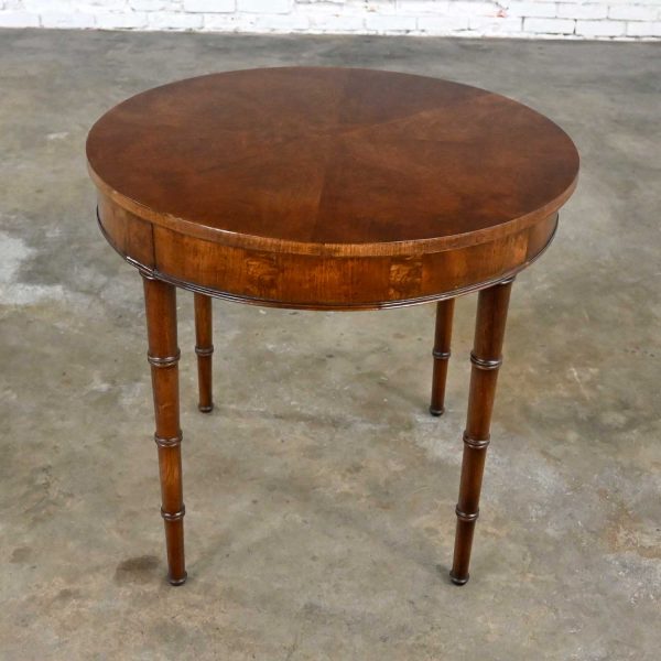 Vintage Campaign Style Round Walton Accent or Lamp Table Faux Bamboo Legs by Fine Arts Furniture Co