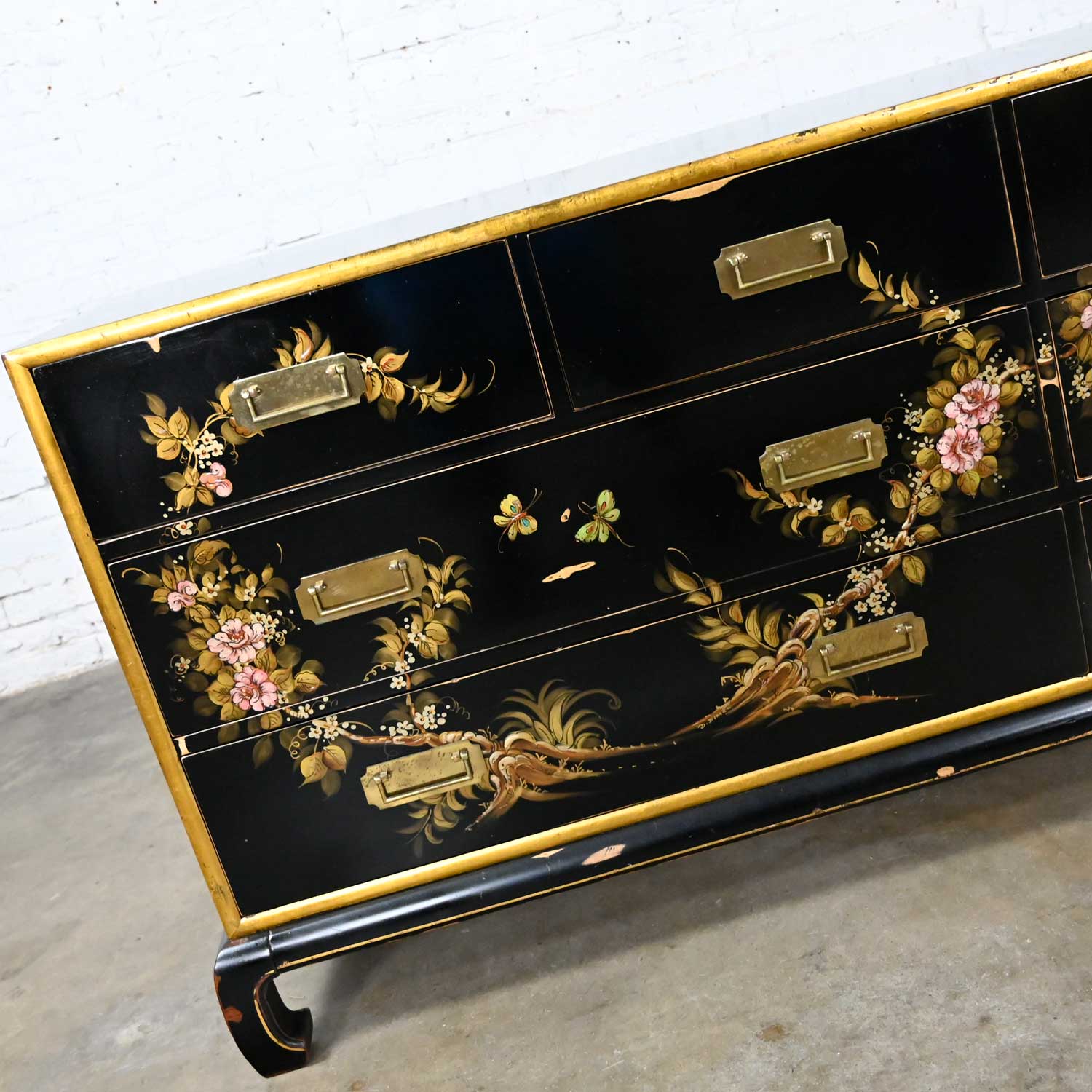 Vintage Union National Chinoiserie Chow Leg Ming Style Dresser Black with Floral Design & Distressed Finish
