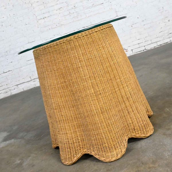 Vintage Trompe L’oeil Draped Wicker End or Side Table with Round Glass Top