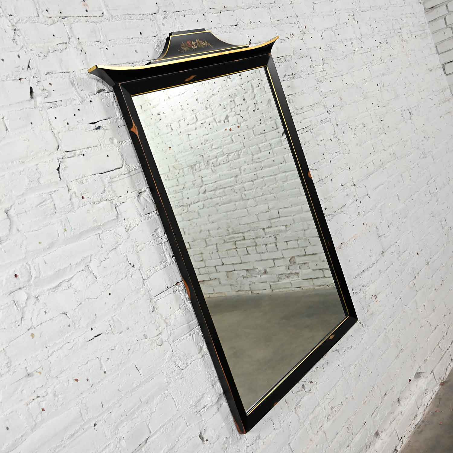 Vintage Union National Chinoiserie Mirror Black with Pagoda Top Floral Design & Distressed Finish