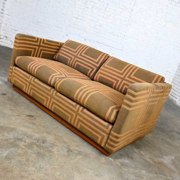 Vintage Modern Brown & Orange Tuxedo Love Seat Sofa on Platform Base by Milo Baughman for Thayer Coggin's Designer's Group Collection