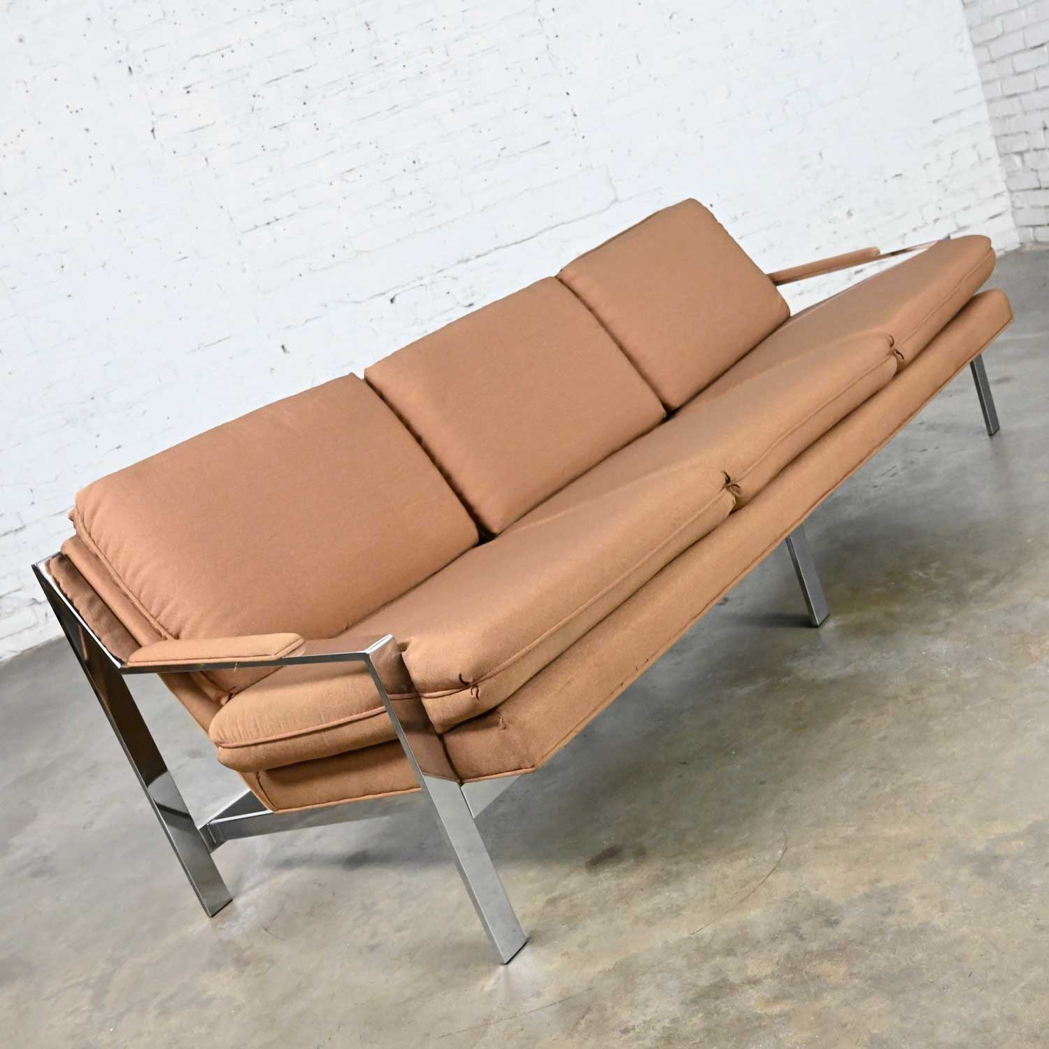 Vintage Modern Chrome & Cocoa Gaberdine Fabric Sofa by Flair Inc. Style of CY Mann