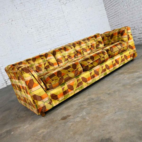 Vintage Modern Kroehler Multi Color Geometric Pattern Tufted Tuxedo Style Sofa