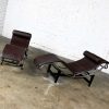 Pair Chaise Lounge Chairs Brown Leather & Chrome & Black Steel Bases Style of Le Corbusier LC4