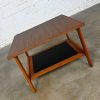 MCM Square Walnut End Table Lower Shelf Black Faux Leather Insert Laminate Top