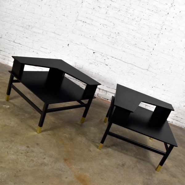 MCM Corner Step Tables a Pair Black with Brass Sabots from Coronado Group by Luther Draper for Founders Furniture