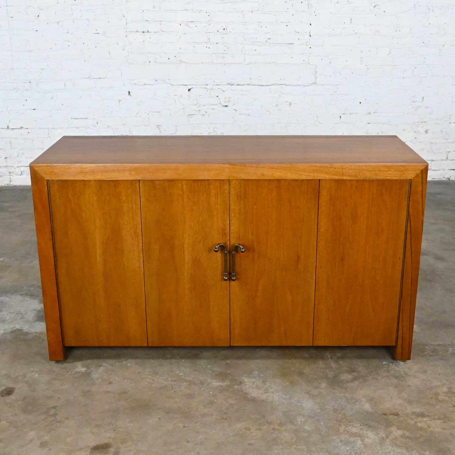 MCM to Modern Narrow Walnut Buffet Console Cabinet with Antique Brass Handles
