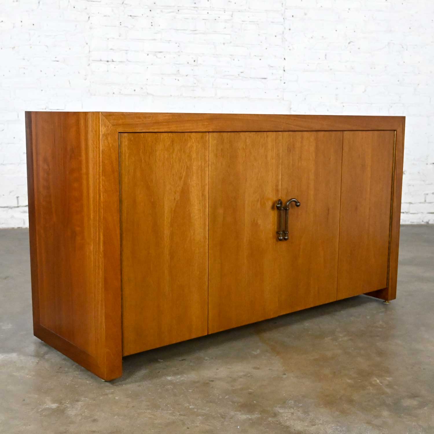 MCM to Modern Narrow Walnut Buffet Console Cabinet with Antique Brass Handles
