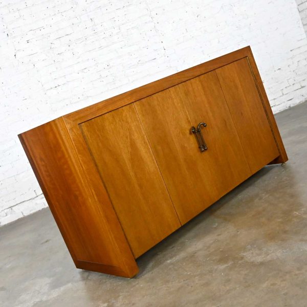 MCM to Modern Narrow Walnut Buffet Console Cabinet with Antique Brass Handles