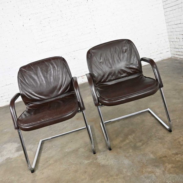 Vintage Modern Vecta Contract Brown Leather & Chrome Cantilever Pair of Chairs