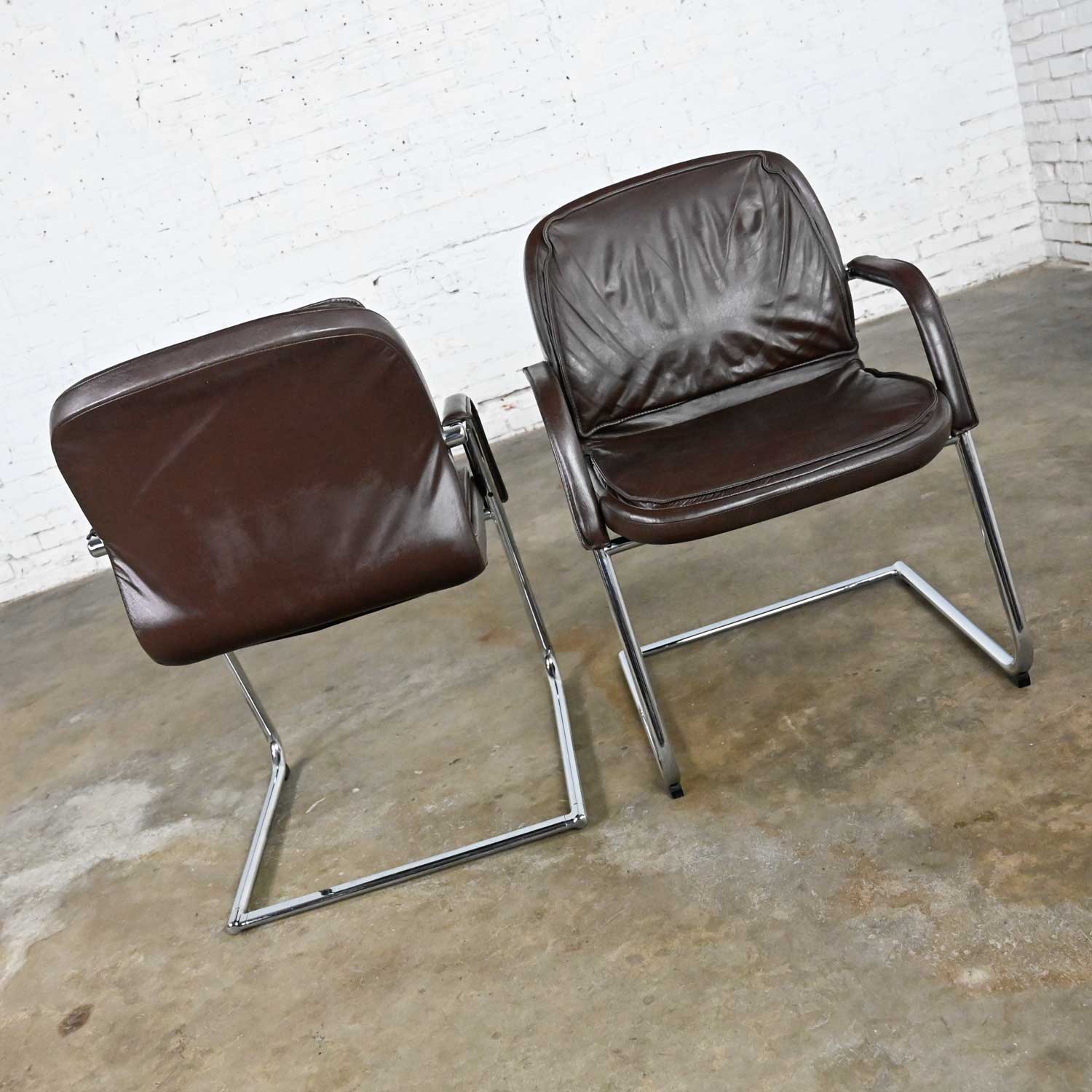 Vintage Modern Vecta Contract Brown Leather & Chrome Cantilever Pair of Chairs
