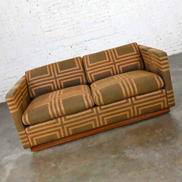 Vintage Modern Brown & Orange Tuxedo Love Seat Sofa on Platform Base by Milo Baughman for Thayer Coggin's Designer's Group Collection