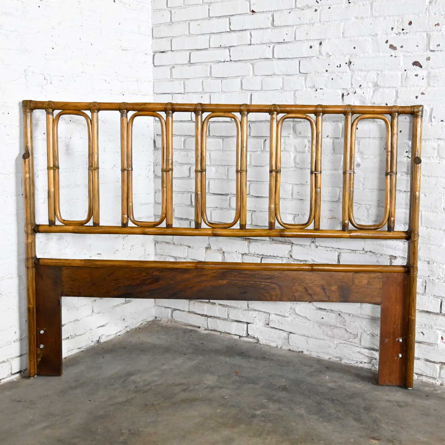 Vintage Campaign or Chinoiserie Style Rattan Queen Headboard by McGuire with Leather Wrap