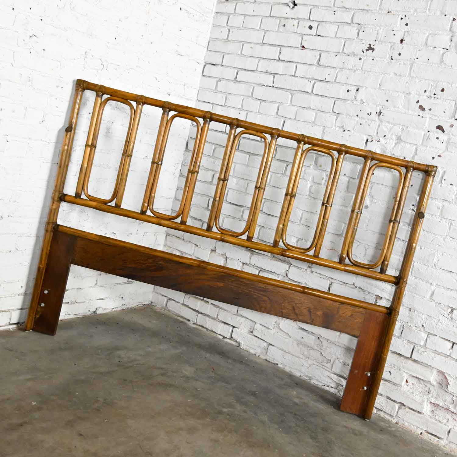 Vintage Campaign or Chinoiserie Style Rattan Queen Headboard by McGuire with Leather Wrap