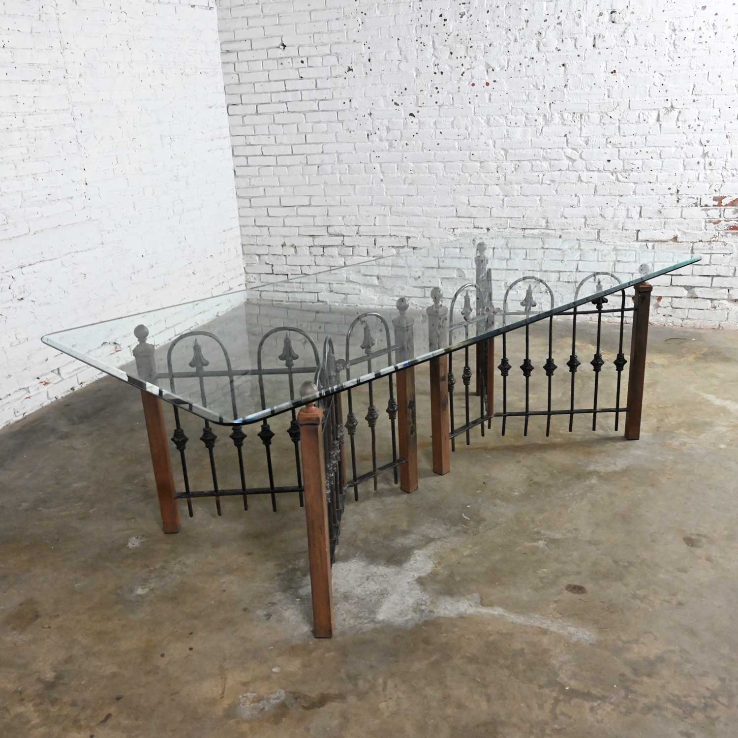 Antique Custom Rustic Wrought Iron Fence Base Dining Table & Rectangle Beveled Glass Top