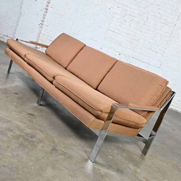 Vintage Modern Chrome & Cocoa Gaberdine Fabric Sofa by Flair Inc. Style of CY Mann