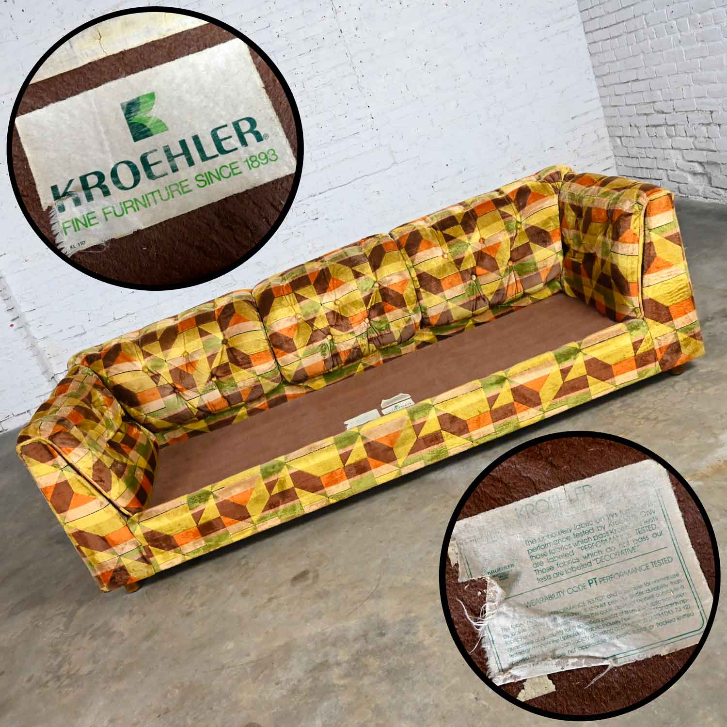 Vintage Modern Kroehler Multi Color Geometric Pattern Tufted Tuxedo Style Sofa